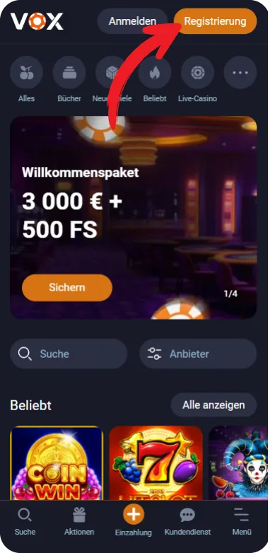 Registrierung auf der Seite Vox Casino
