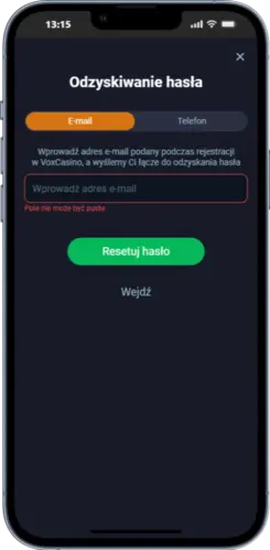 Krok 2 — Wprowadź e-mail lub numer — Vox Casino